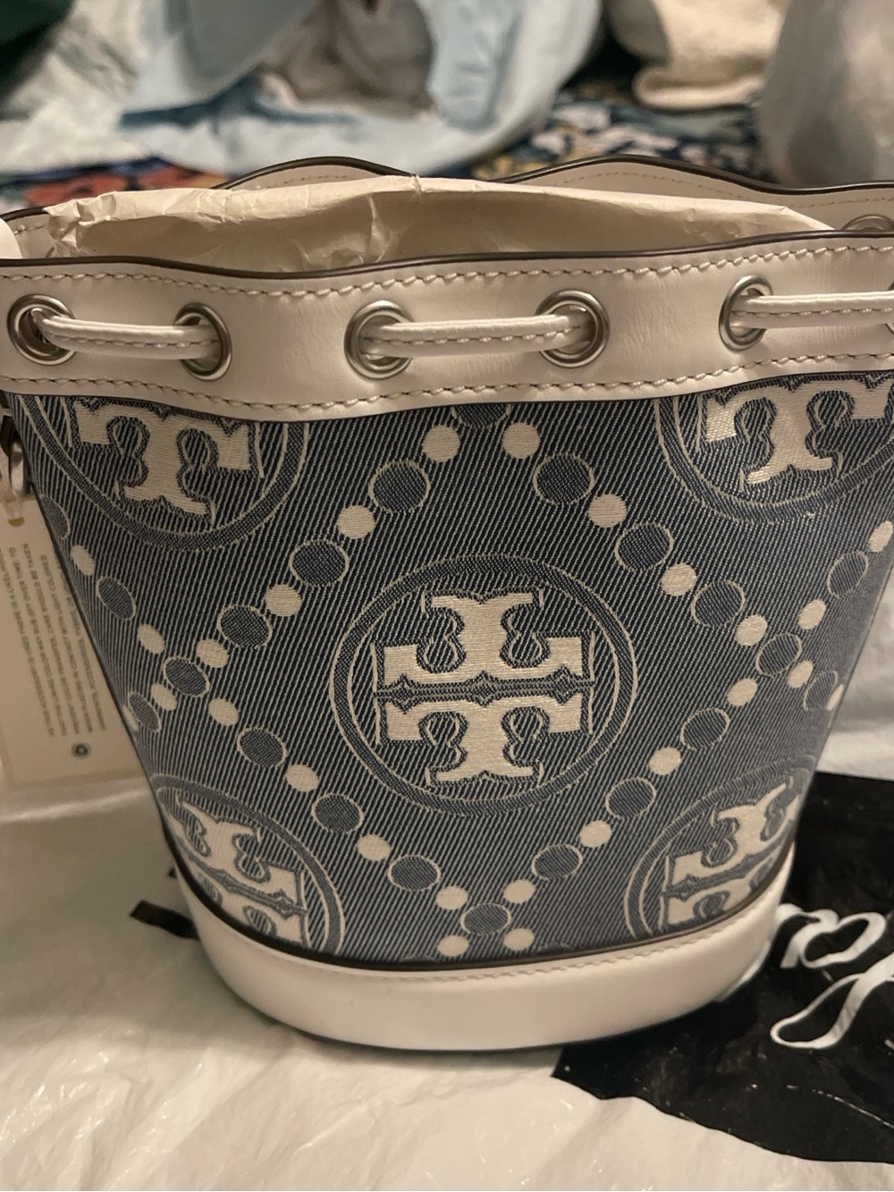 Tory Burch Navy and White Logo Drawstring Bucket Bag